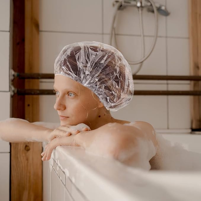 Shower Cap 50 Pcs Disposable Plastic Bath Cap Waterproof Spa Shower Cap XLarge - Image 5