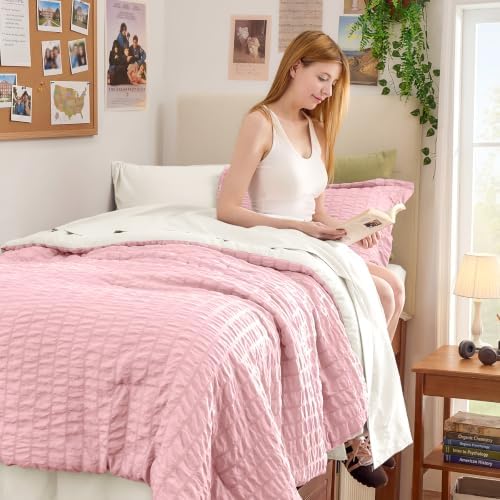HYMOKEGE Pink/Ivory Twin Comforter Set Seersucker 5 Pieces, All Season Luxury - Image 3