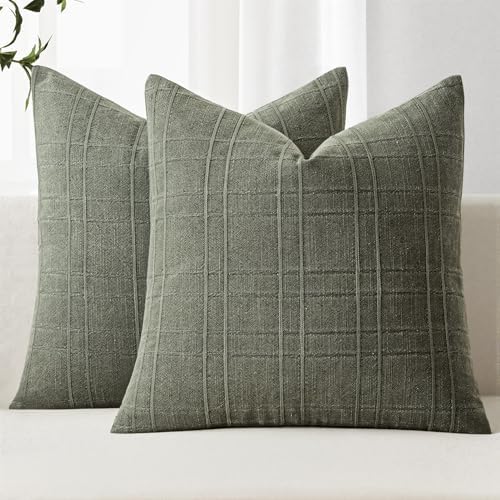 MIULEE Linen Plaid Pillow Covers Decorative Euro 24x24 Olive Green by MIULEE