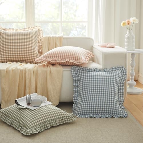 KKJIAF 2 Pcs Ruffle Gingham Pillow Covers 24" x 24", Dusty Blue Plaid - Image 4