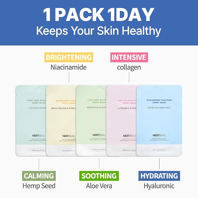 NEXTBEAU Solution Sheet Mask Variety Pack, 0.74 fl oz Each, Korean Facial Sheet - Image 4