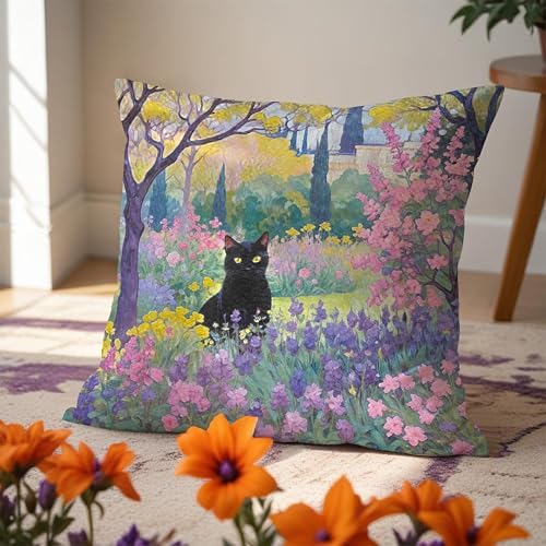 Spring Garden Black Cat Pillow Covers 18x18, Cats Lovers Lady Gifts, Cat Mom - Image 5