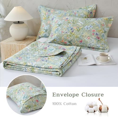 Lady Ann Cotton Quilted Pillow Shams 20x36, Bird Butterfly & Green Floral - Image 5