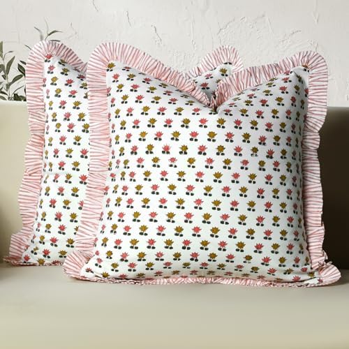 CPC Rosette Bloom Hand Block Print 100% Cotton Ruffle Throw Pillow Cover 24x24 by COTTONPRINTCLUB