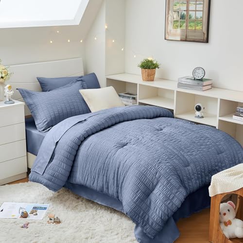 HYMOKEGE Nordic Blue Twin Comforter Set Seersucker 5 Pieces, All Season Luxury by HYMOKEGE