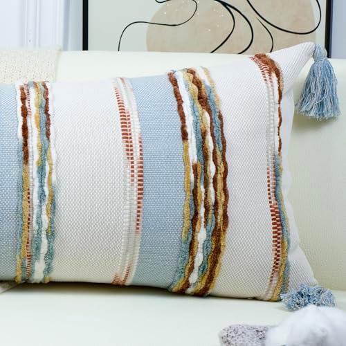 PANOD Chenille Farmhouse Throw Pillow Covers 18 x 18 Blue Brown, Neutral Boucle - Image 3