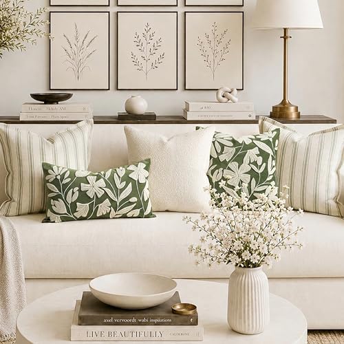 BlissBlush Decorative Throw Pillow Cover 20x20 Inch, Olive Green Floral Tufted - Image 3