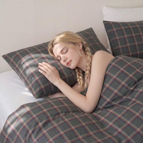 Merryword 100% Cotton Pillow Cases, Queen Size, Washed Cotton Deep Brown Plaid - Image 6