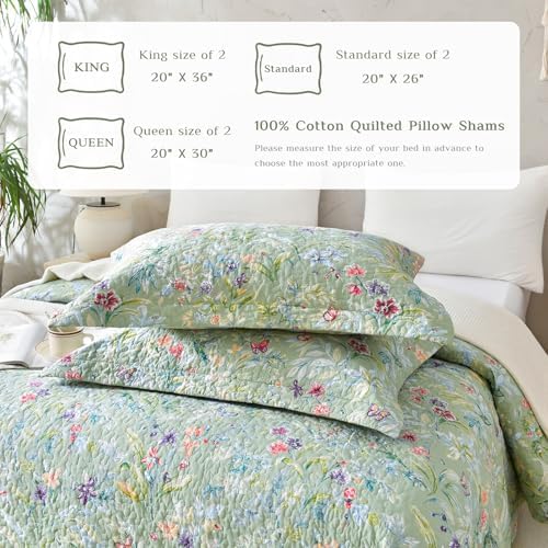 Lady Ann Cotton Quilted Pillow Shams 20x36, Bird Butterfly & Green Floral - Image 3