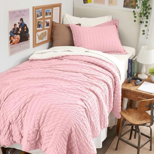 HYMOKEGE Pink/Ivory Twin Comforter Set Seersucker 5 Pieces, All Season Luxury by HYMOKEGE