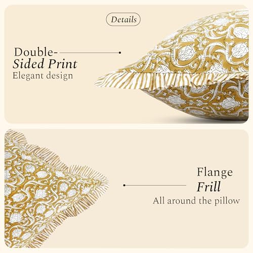 CPC Block Print Mustard Regal Ruffle Cotton Lumbar Pillow Cover 14x36 inch - Image 2