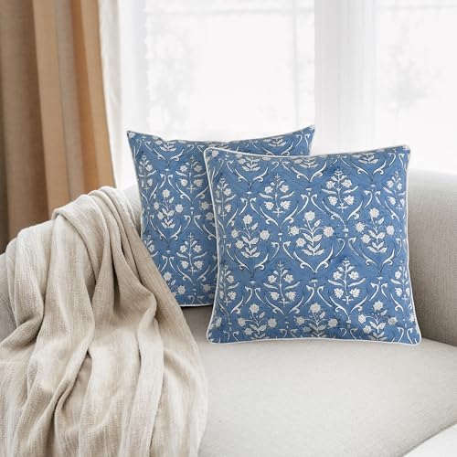 Ridhi Block Print Cornflower Blue Pillow Cover 18" x 18" Decorative Couch - Image 2