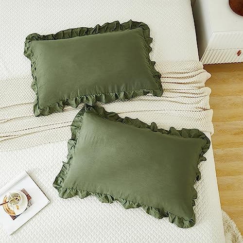 Olive Green Pillow Shams Dark Green Ruffle Queen Pillowcases Cute Pillow Cover - Image 5