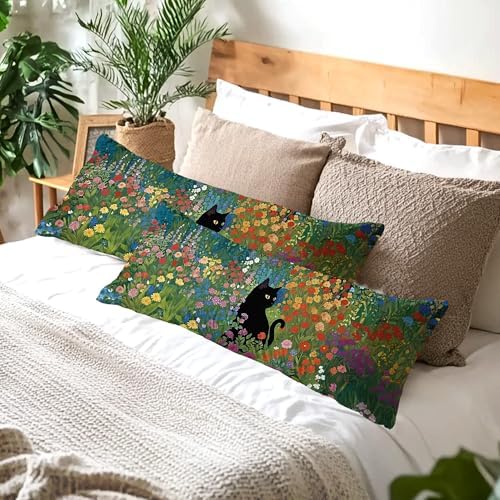 Floral Black Cat 20x54 Body Pillow Cover, Cats Lovers Lady Gifts, Cat Mom - Image 5
