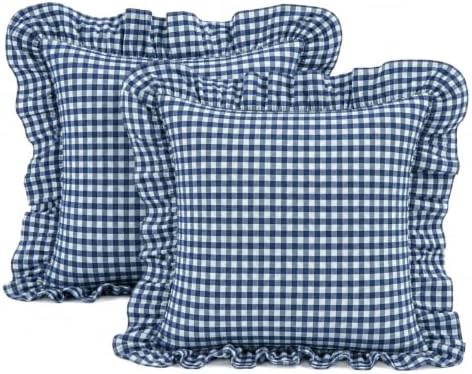 Gingham Throw Pillow Covers 18x18, Ruffle Trim by Jilboo