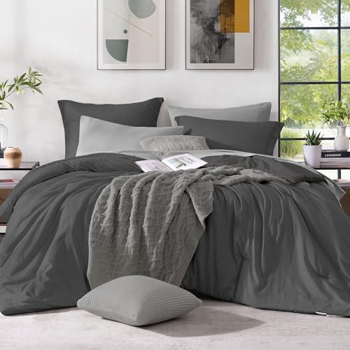 Monbix Queen Comforter Set 7 Pieces Dark Grey Cationic Dyeing Bed in a Bag by Monbix