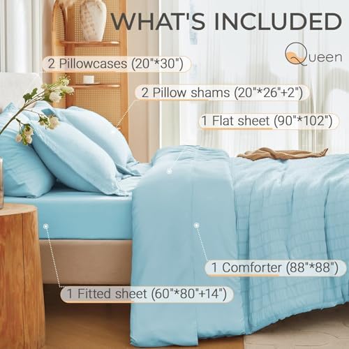 MUXHOMO 7 Pieces Queen Comforter Set, Seersucker Bed in a Bag Queen Size - Image 4