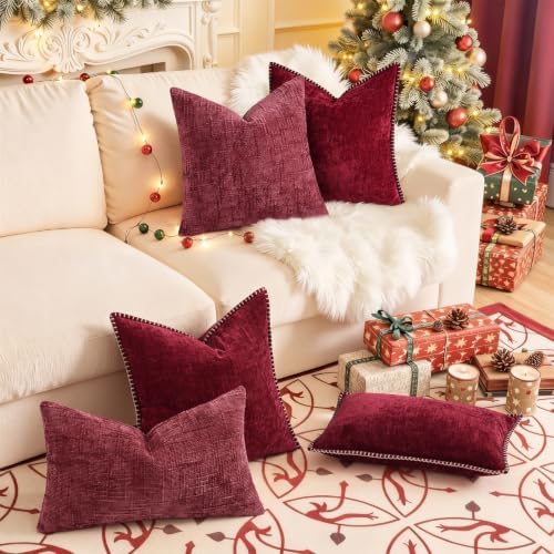 decorUhome Textured Chenille Throw Pillow Covers 24x24 Set of 2 Burgundy - Image 3