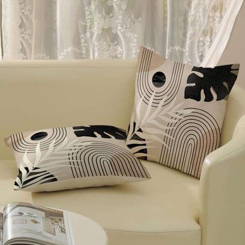 Boho Black Pillow Covers 18x18 Inch Set of 2 Black BeigeTropical Leaf Decor Mid - Image 5