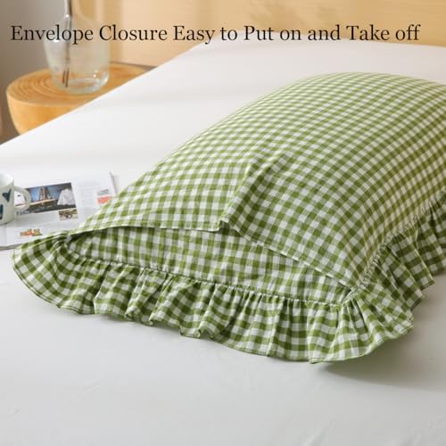 Silnuo Olive Green/White Gingham Ruffle Pillow Covers Queen Size 20"x30" - Image 4