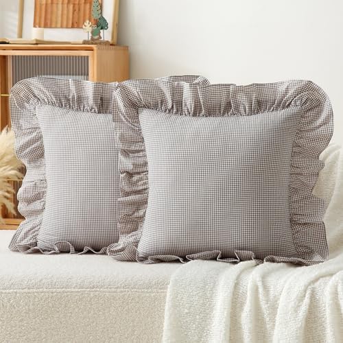 Gingham Throw Pillow Covers 18x18, Ruffle Trim - Image 2