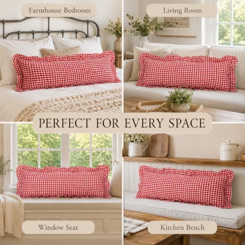 JoraLion Ruffled Lumbar Pillow Cover 14x36 Gingham Red - Image 3