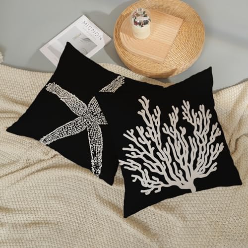Coastal Pillow Covers 20x20 Set of 2 Black Starfish Throw Pillows Nautical - Image 5