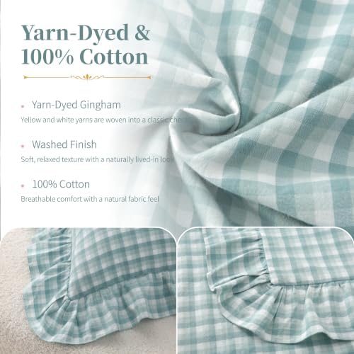 Gingham Throw Pillow Covers 20x20, Seafoam Green, Ruffle Trim - Image 3