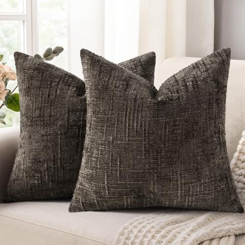 decorUhome Textured Chenille Throw Pillow Covers 16x16 Set of 2 Dark Brown by decorUhome