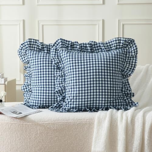 Silnuo Navy Blue/White Gingham Plaid Ruffle Throw Pillow Covers 18"x18" - Image 2