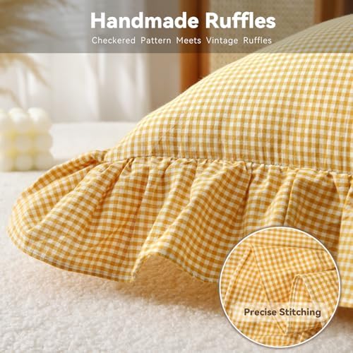 Gingham Throw Pillow Covers 18x18, Mustard/White, Ruffle Trim - Image 5