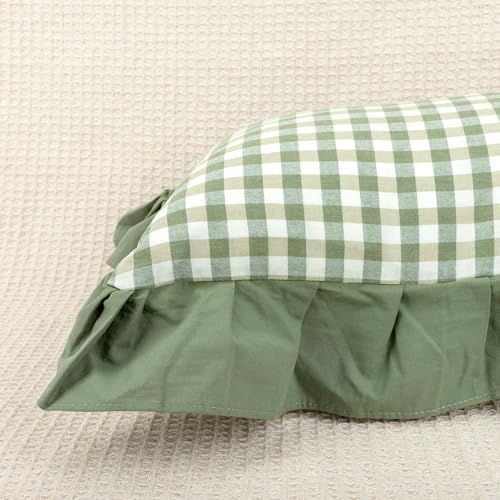 JoraLion Ruffled Throw Pillow Cover 12x20 Gingham Green Solid Edge - Image 4