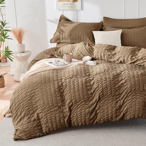 HYMOKEGE Brown California King Comforter Set Seersucker 7 Pieces, All Season - Image 2
