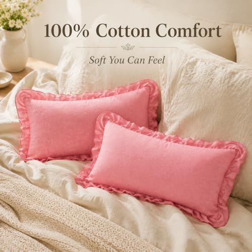 JoraLion Ruffled Throw Pillow Cover 12x20 Solid Pink - Image 2