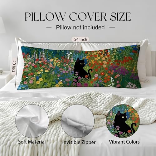 Floral Black Cat 20x54 Body Pillow Cover, Cats Lovers Lady Gifts, Cat Mom - Image 2
