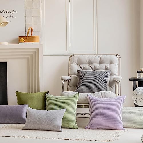 Home Brilliant Green Couch Pillow Covers Super Soft Striped Corduroy Set of 2 - Image 2