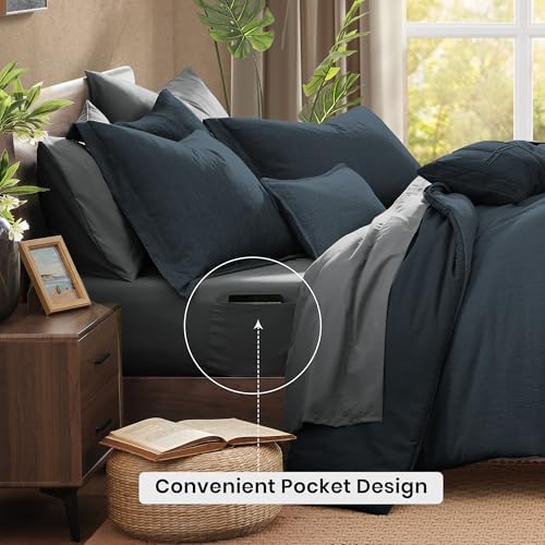 Monbix King Comforter Set 7 Pieces Navy Blue Cationic Dyeing Bed in a Bag - Image 4