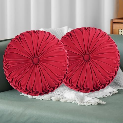 HIG Set of 2 Red Velvet Decorative Round Pleated Throw Pillows by HIG