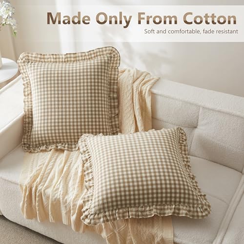 KKJIAF 2 Pcs Ruffle Gingham Pillow Covers 20" x 20", Taupe/White Plaid - Image 3