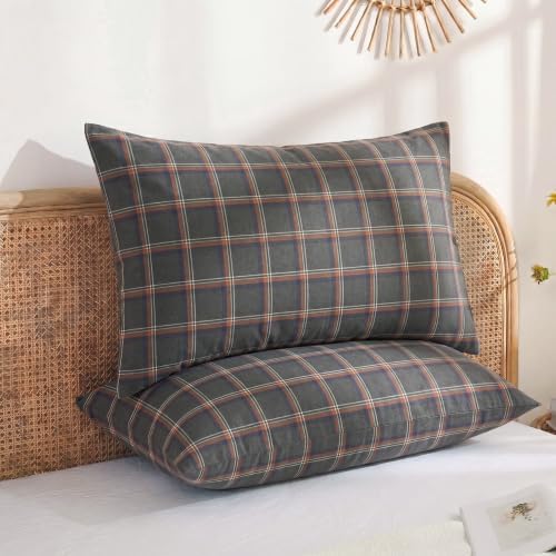 Merryword 100% Cotton Pillow Cases, Queen Size, Washed Cotton Deep Brown Plaid - Image 2