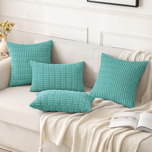 MIULEE Corduroy Decorative Throw Pillow Covers 18x18 Aqua Green Pack of 2 - Image 2