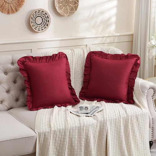 Merryword Burgundy Pillowcases 18x18 Cute Throw Pillow Covers Pack of 2 Ruffle - Image 3