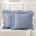 Gingham Throw Pillow Covers 18x18, Denim Blue Plaid, Ruffle Trim by Jilboo