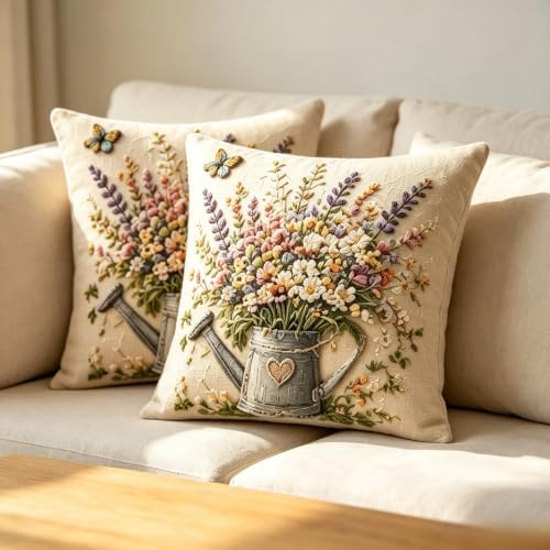 2D Flat Vintage Floral Linen Throw Pillow Covers 18x18 Set of 2 - Image 3