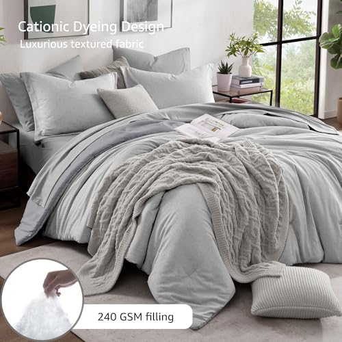 Monbix Full Comforter Set 7 Pieces Light Grey Cationic Dyeing Bed in a Bag - Image 3