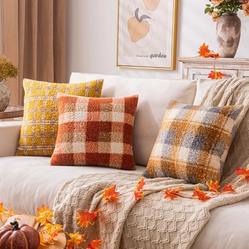 AQOTHES Plaid Fall Throw Pillow Covers Orange 18x18 Inch Set of 2 - Image 3