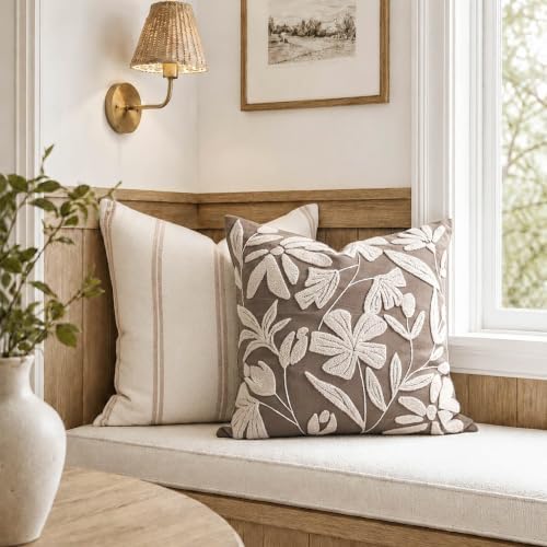 BlissBlush Decorative Throw Pillow Cover 20x20 Inch, Taupe Brown Floral Tufted - Image 5