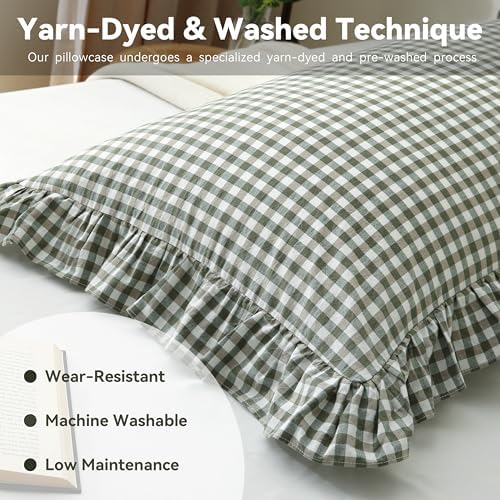 Sage Green Gingham Body Pillow Cover 20x54, Ruffled Cotton Sham - Image 4