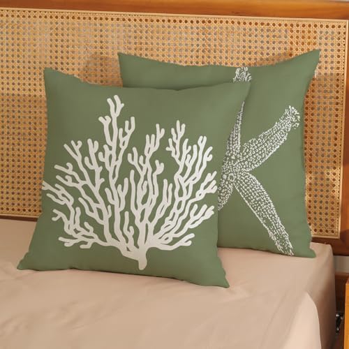Coastal Pillow Covers 18x18 Set of 2 Sage Green Coral Starfish Throw Pillows - Image 2