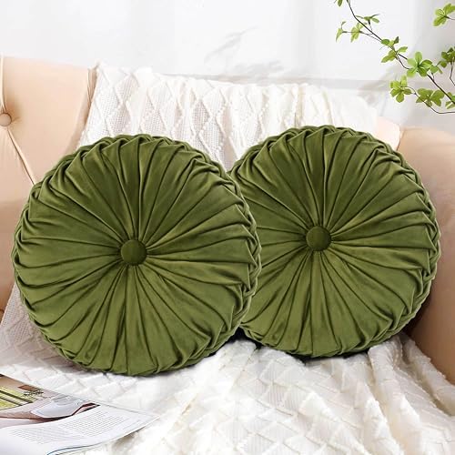HIG Set of 2 Olive Velvet Decorative Round Pleated Throw Pillows - Image 6